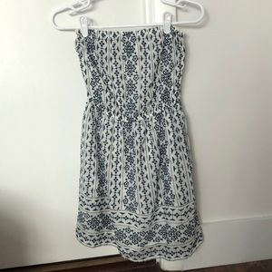 Strapless blue and white embroidered dress
